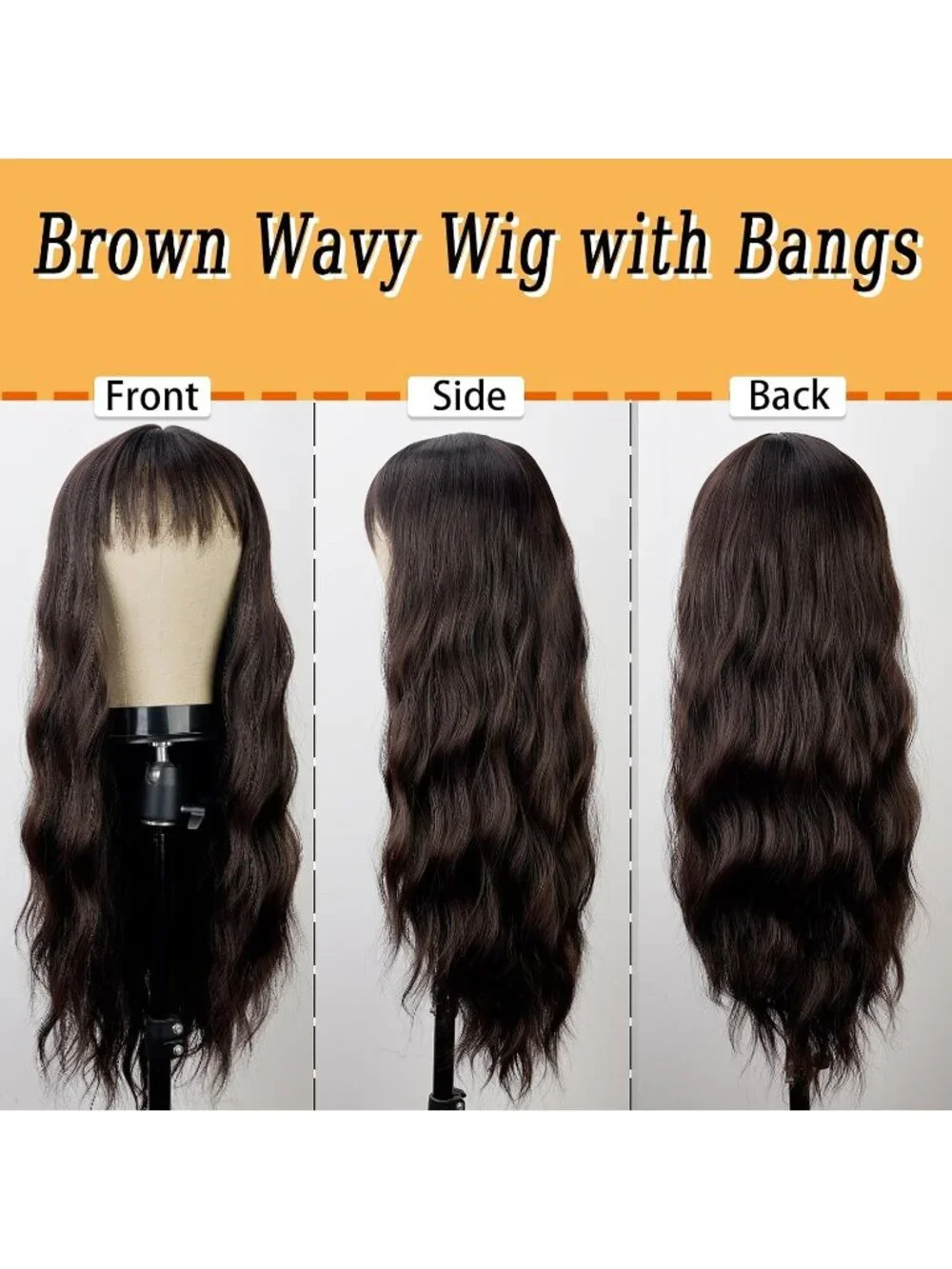 Women's Brown 26 Inch Natural Looking Synthetic Fiber Long Wavy Wigs Bangs